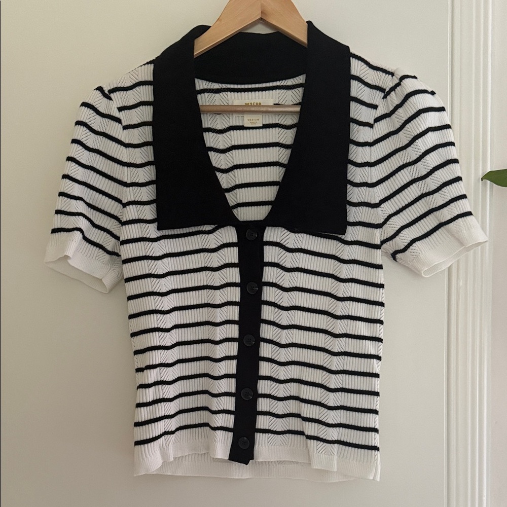 Maeve Anthropologie Striped Black and White Button-Up polo Cardigan